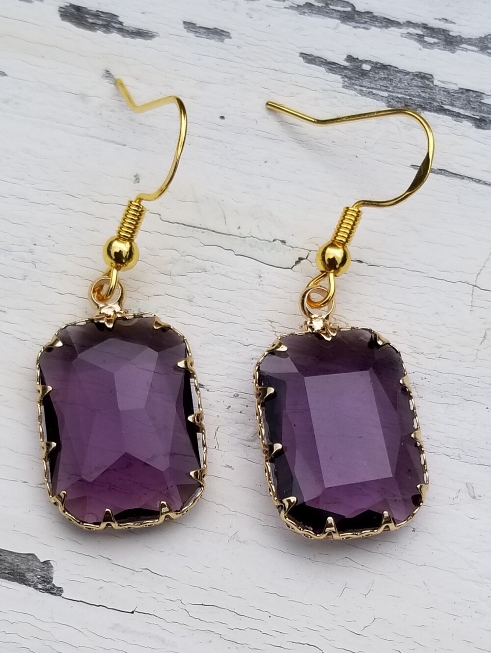 14k Gold Amethyst Dangle Earrings, Rectangle Amethyst Jewelry, Purple Amethyst